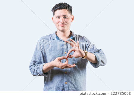 People speaking in sign language isolated. Man showing sign language to talk isolated 122785098