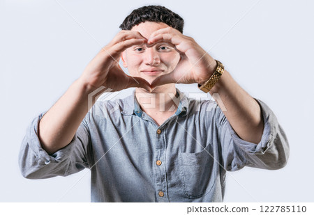 Handsome young man making heart shape with hands isolated. Smiling latin man making heart shape with hands 122785110