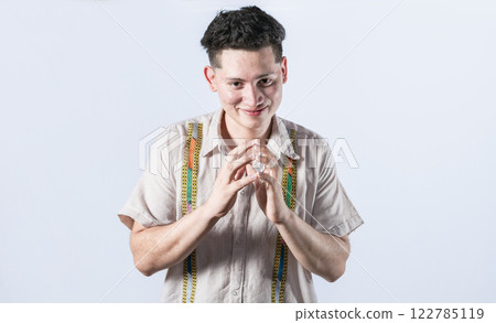 Cunning man rubbing his hands on isolated background, person rubbing his hands planning something, concept of cunning man planning something 122785119