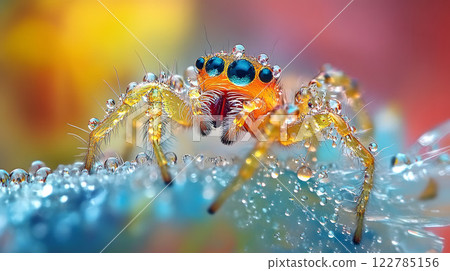 一隻蜘蛛與彩色水滴的特寫 一隻蜘蛛與彩色水滴的特寫 122785156
