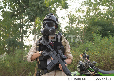 Team of U.S. Army marine corps soldier military war with gun weapon participating and preparing to attack the enemy in Thailand during exercise Cobra Gold training in battle. Combat force. 122785194