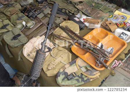 Team of U.S. Army marine corps soldier military war with gun weapon participating and preparing to attack the enemy in Thailand during exercise Cobra Gold training in battle. Combat force. 122785234