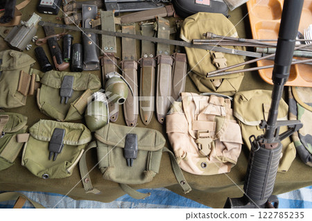 Team of U.S. Army marine corps soldier military war with gun weapon participating and preparing to attack the enemy in Thailand during exercise Cobra Gold training in battle. Combat force. 122785235