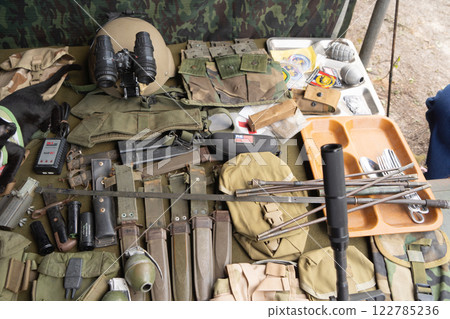 Team of U.S. Army marine corps soldier military war with gun weapon participating and preparing to attack the enemy in Thailand during exercise Cobra Gold training in battle. Combat force. 122785236