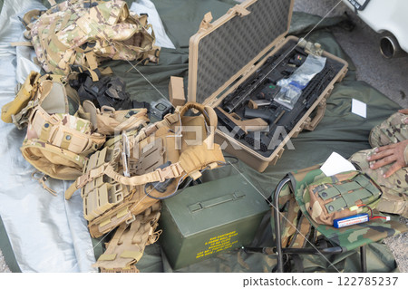 Team of U.S. Army marine corps soldier military war with gun weapon participating and preparing to attack the enemy in Thailand during exercise Cobra Gold training in battle. Combat force. 122785237