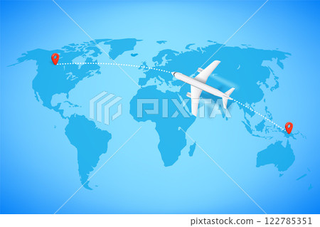 Air travel concept. Aircraft on world map with pins. 3d vector illustration 122785351
