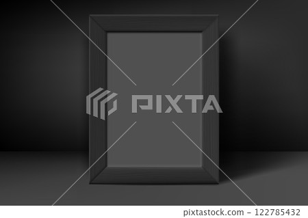 Vertical blank premium black wood frame with grey paper. 3d vector mockup Vertical blank premium black wood frame with grey paper. 3d vector mockup 122785432