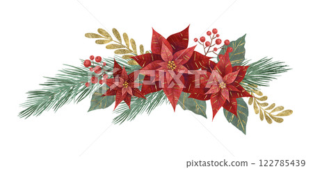 Composition with Christmas flower red poinsettia, fir branches, vegetation and berries isolated 122785439