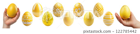 Set of Easter eggs in yellow color with cute pattern and kid hands mockup on transparent background. 122785442