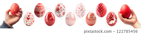 Set of Easter Eggs in Red Color and cute pattern with Kid Hands Mockup on Transparent Background. Set of Easter Eggs in Red Color and cute pattern with Kid Hands Mockup on Transparent Background. 122785456
