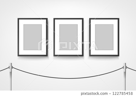 Three portrait frames in white interior. 3d vector mockup Three portrait frames in white interior. 3d vector mockup 122785458