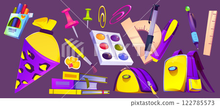 School supplies set with cone and stationery items School supplies set with cone and stationery items 122785573