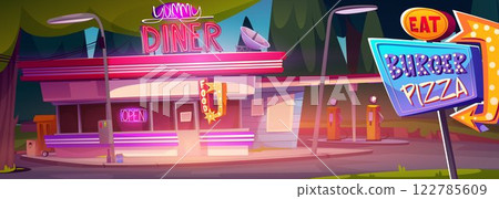 Roadside diner building near gas station 122785609