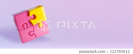 Connected puzzle pieces on purple background 122785612