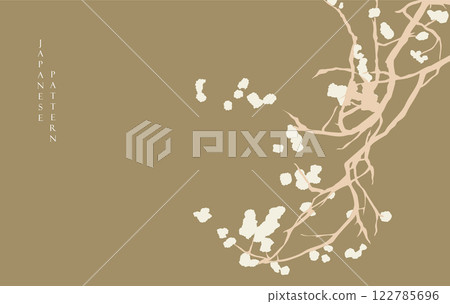 Hand drawn branch of flower with Japanese pattern vector. Oriental floral decoration with logo design, flyer or presentation in vintage style. Hand drawn branch of flower with Japanese pattern vector. Oriental floral decoration with logo design, flyer or presentation in vintage style. 122785696