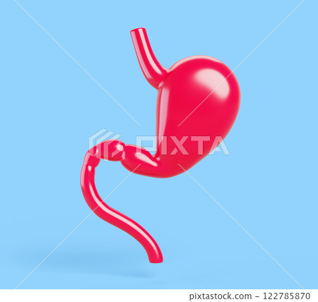 3d anatomy human stomach medical cartoon render icon. Healthy digestion system, red abdomen organ isolated on blue background. Concept of health care and gastroenterology medicine. 3D illustration 122785870
