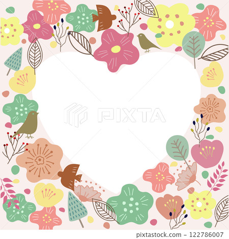 帶有花鳥的斯堪的納維亞風格心形圖案的向量插圖 帶有花鳥的斯堪的納維亞風格心形圖案的向量插圖 122786007