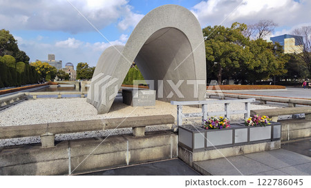日本，廣島，廣島縣，廣島和平紀念公園，廣島和平城紀念館，和平之火，原子彈爆炸圓頂屋，對角線照片 122786045