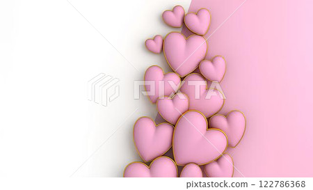 Romantic design, background featuring spectacular pink 3D hearts with gold border on pink and white gradient background with space for text. 122786368