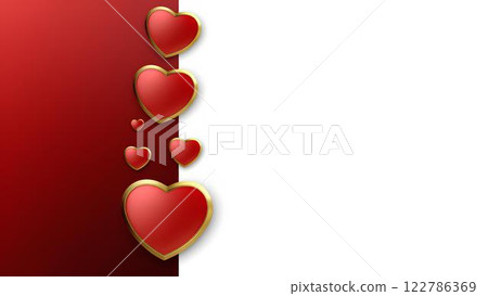 Romantic design background featuring spectacular red 3D hearts with gold elements on red and white gradient background with space for text.  122786369