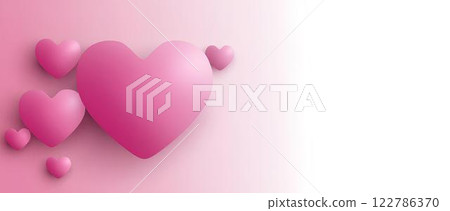 Romantic background, design with voluminous pink hearts on pink and white gradient background with space for text. For postcards, banners and invitations, print and web design. Valentine's Day. 122786370