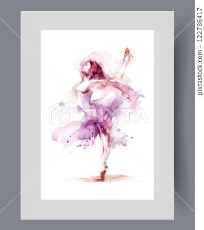 Woman ballerina dances in ballet theater and raises leg up, on wall art. Watercolor artwork 122786417