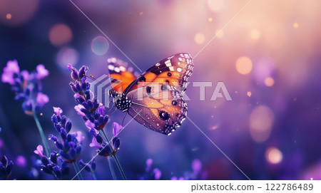 Monarch Butterfly on Lavender with Dewdrops 122786489