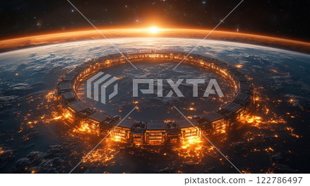 Gigantic Sci-Fi Space Ring Orbiting Earth at Sunrise 122786497