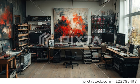 Artistic Studio with Abstract Paintings and Creative Workspace 122786498