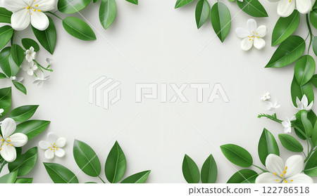 Green leaves and white flowers on a white background with copy space Green leaves and white flowers on a white background with copy space 122786518