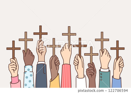 Hands of religious christians with religious crucifixes or crosses symbolizing faith in catholicism 122786594