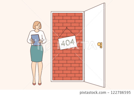 Error 404 seen by business woman who opens door blocked with bricks, as symbol ban on gaining access Error 404 seen by business woman who opens door blocked with bricks, as symbol ban on gaining access 122786595