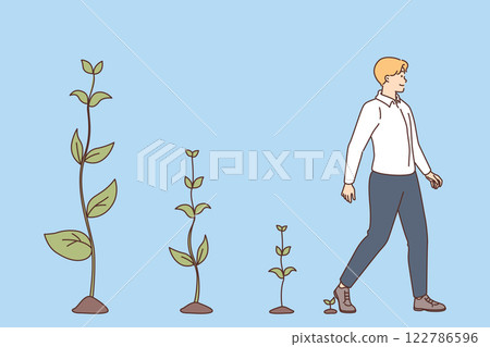 Environmental responsibility demonstrated by business man moving forward and leaving plants behind Environmental responsibility demonstrated by business man moving forward and leaving plants behind 122786596