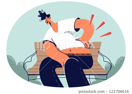 Unhealthy man on park bench suffer from backache Unhealthy man on park bench suffer from backache 122786616