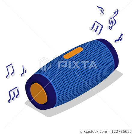Isometric removable nature party speaker, noisy disco. Portable musical speaker and notes on loud discotheque performance. Isometric vector banner element bottom view Isometric removable nature party speaker, noisy disco. Portable musical speaker and notes on loud discotheque performance. Isometric vector banner element bottom view 122786633