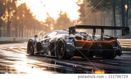 Sleek black race car with aggressive aerodynamic features photographed at sunset on racing track. Carbon fiber body and massive rear wing create dramatic silhouette in golden hour light Sleek black race car with aggressive aerodynamic features photographed at sunset on racing track. Carbon fiber body and massive rear wing create dramatic silhouette in golden hour light 122786729