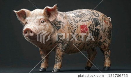 Unique studio portrait of tattooed pig against dark background. Creative concept merges farmyard animal with urban street art style body art covering its skin 122786733