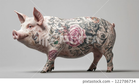 pig with intricate tattoo designs covering its body, featuring vintage-style roses and artistic patterns, unique concept for contemporary art and design 122786734
