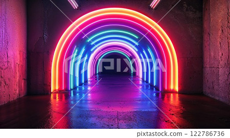 Futuristic neon rainbow tunnel creating immersive light installation. Colorful LED arches reflect on wet floor surface producing dramatic cyberpunk aesthetic with vibrant color spectrum 122786736