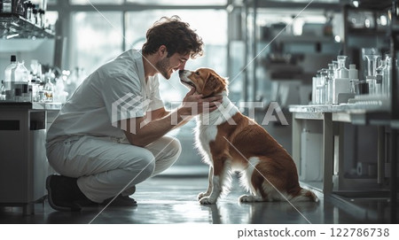 Tender moment between veterinarian and dog in modern clinic laboratory. Emotional connection captured in bright medical setting shows compassionate animal healthcare professional at work 122786738