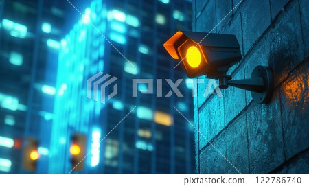 Security surveillance camera on concrete wall at night with illuminated skyscraper in background. Urban safety monitoring system with orange warning light in cyberpunk style cityscape Security surveillance camera on concrete wall at night with illuminated skyscraper in background. Urban safety monitoring system with orange warning light in cyberpunk style cityscape 122786740