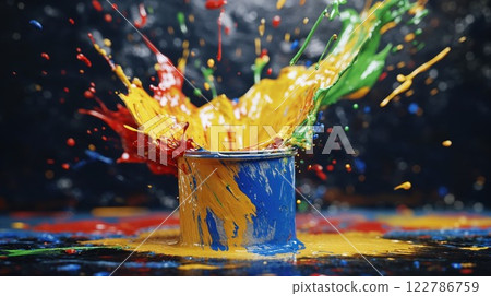 Explosive paint splash in vibrant colors erupting from blue container against black background. Dynamic high-speed photography capturing artistic color collision in motion 122786759