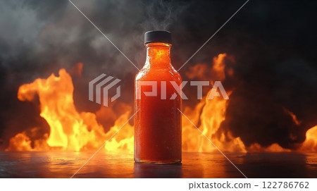 Dramatic hot sauce bottle against raging flames background. Fiery composition suggesting extreme spiciness with intense orange fire and smoke. Perfect for marketing spicy food products 122786762