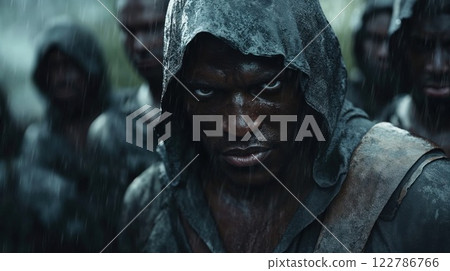 Intense close-up portrait of a hooded figure in the rain. Dramatic lighting and raindrops create cinematic atmosphere for urban storytelling. Perfect for movie poster or book cover design 122786766