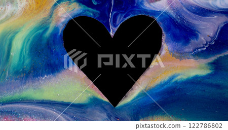 Valentine love. Heart paint artistic. Defocused blue yellow multicolor particles ink black shape frame texture spill on abstract romantic background. Valentine love. Heart paint artistic. Defocused blue yellow multicolor particles ink black shape frame texture spill on abstract romantic background. 122786802