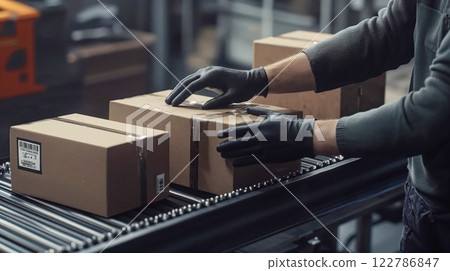 Warehouse worker in protective gloves handling cardboard boxes on conveyor belt. Industrial logistics and distribution center workflow in modern facility 122786847