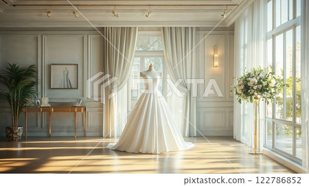 Elegant wedding dress on mannequin in luxurious bridal boutique with classic interior design. Natural light streaming through windows creates romantic atmosphere with floral decorations 122786852