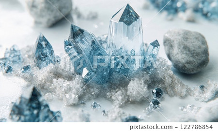 Ethereal blue crystal formation emerging from white mineral base. Macro shot captures translucent aquamarine crystals with perfect geometric shapes in dreamy mystical atmosphere 122786854