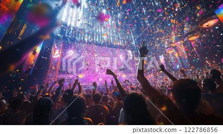Vibrant nightclub scene with crowd of concert goers amid explosion of colorful confetti and spectacular light show creating electric party atmosphere Vibrant nightclub scene with crowd of concert goers amid explosion of colorful confetti and spectacular light show creating electric party atmosphere 122786856