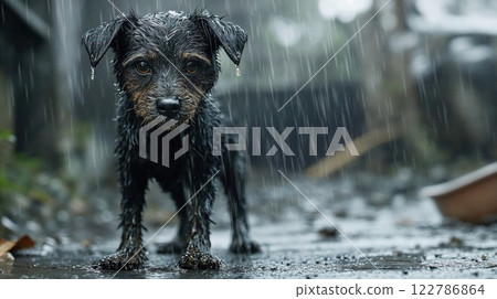 Portrait of wet dog standing in rain, showing detailed water droplets and moody atmosphere. Black terrier mix with expressive eyes photographed during rainfall with dramatic lighting Portrait of wet dog standing in rain, showing detailed water droplets and moody atmosphere. Black terrier mix with expressive eyes photographed during rainfall with dramatic lighting 122786864
